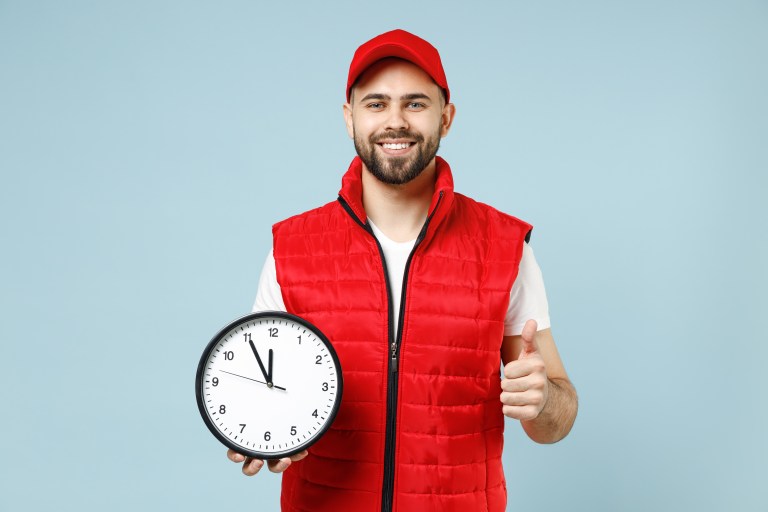 Professional,Happy,Delivery,Guy,Employee,Man,In,Red,Cap,White